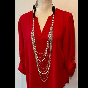 Pure Expressions Silver & Pearl Ribbon Tie Statement Necklace - NWT